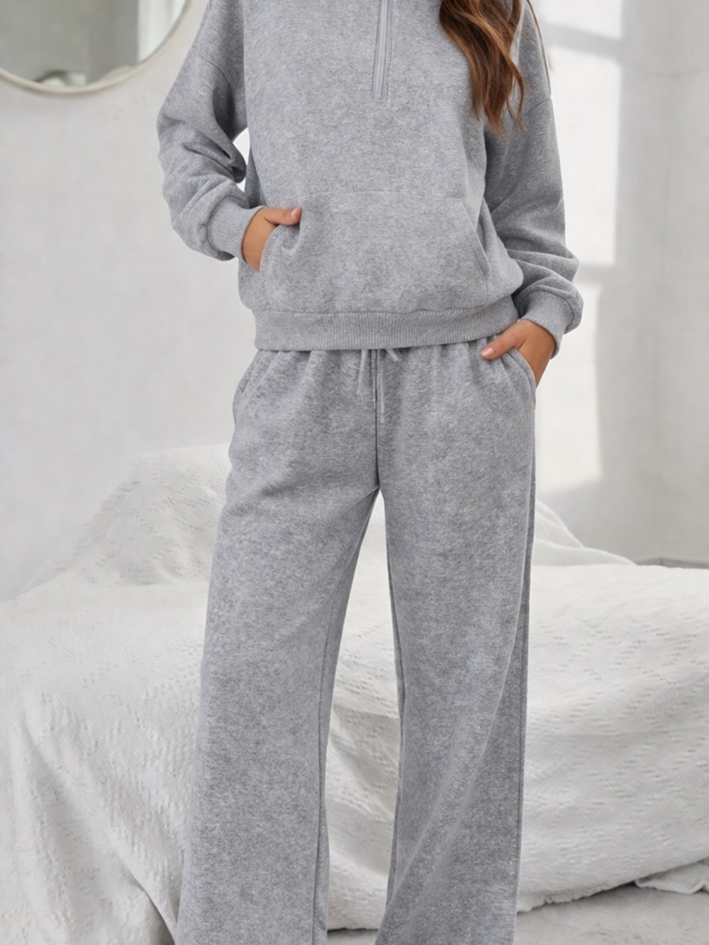 SHEIN Light Gray Plush Half-Zip Sweat Set
